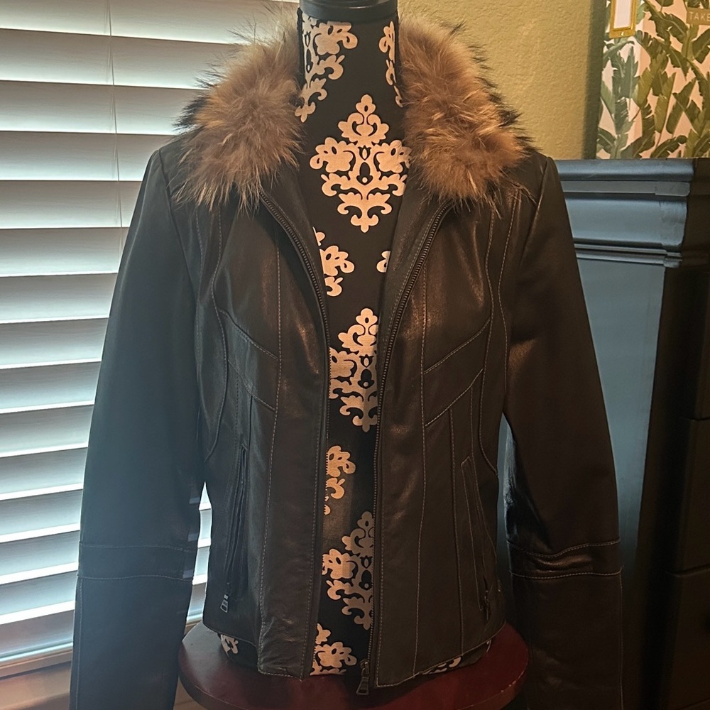 Black Genuine Leather Jacket with removable Fur Collar